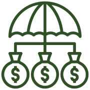 Mask group-1 Umbrella covering three money bags with dollar signs.